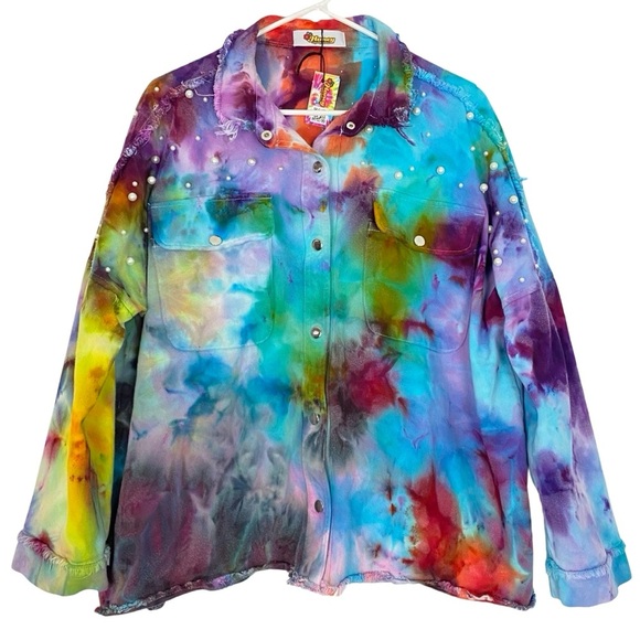 Handmade Tie Dye Jean Jacket Shacket Womens Size Large XL Upcycled Pearl Pockets - Picture 1 of 14